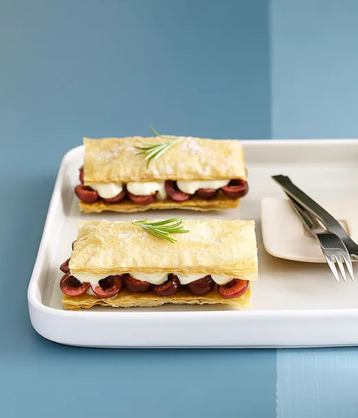 Cherry napoleons with rosemary-scented crème fraîche