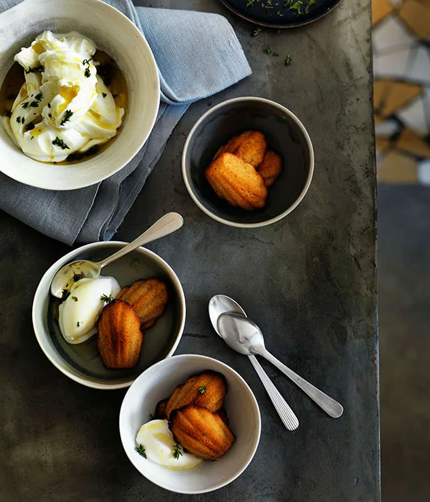 Goat’s yoghurt sorbet with warm burnt honey madeleines