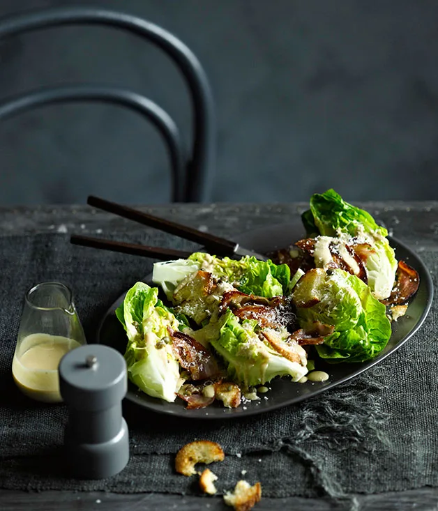 Cos and parmesan salad with warm anchovy dressing