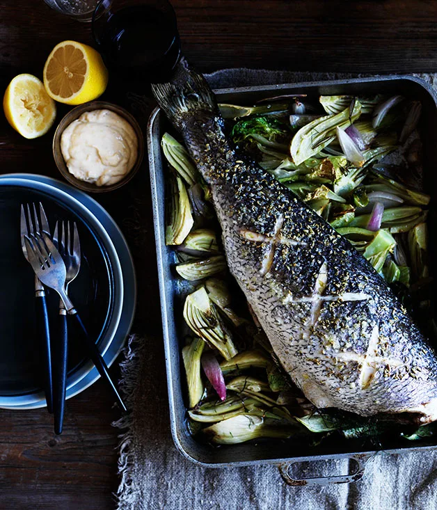 Mulloway with gem lettuce, fennel and anchovies