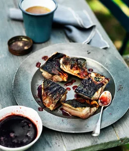Char-grilled mackerel with plum glaze and shiso salt