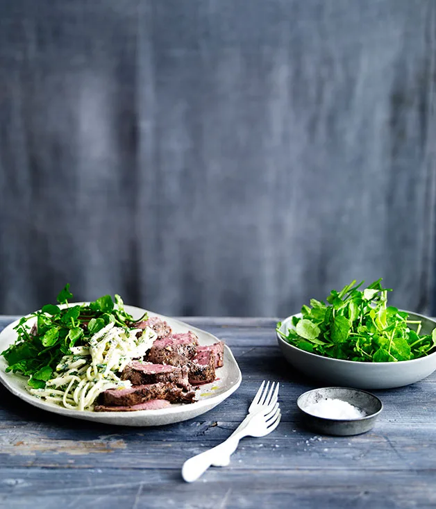 Garlic herbed beef with kohlrabi rémoulade and watercress