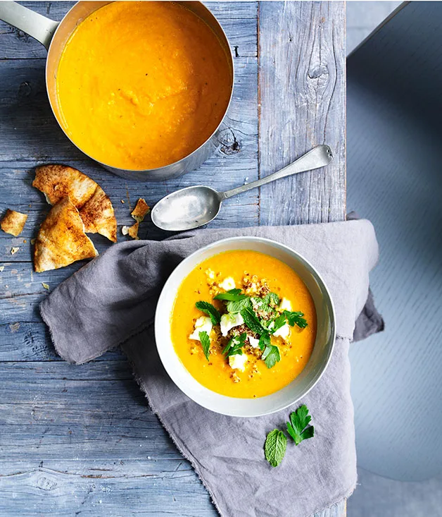 Carrot soup with feta and quinoa