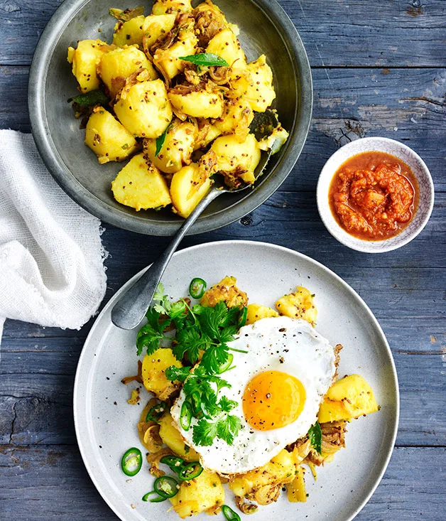 Indian-spiced potato, fried egg and kasundi