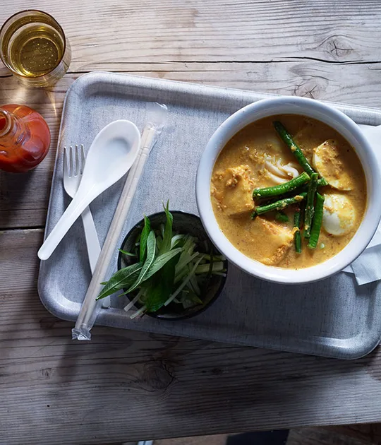 Laksa with tofu, eggs and snake beans recipe | Gourmet Traveller recipe