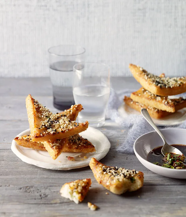 Prawn toasts with black vinegar and chilli dipping sauce