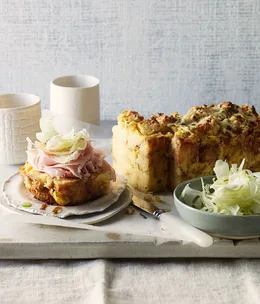Leek and cheddar bread and butter pudding