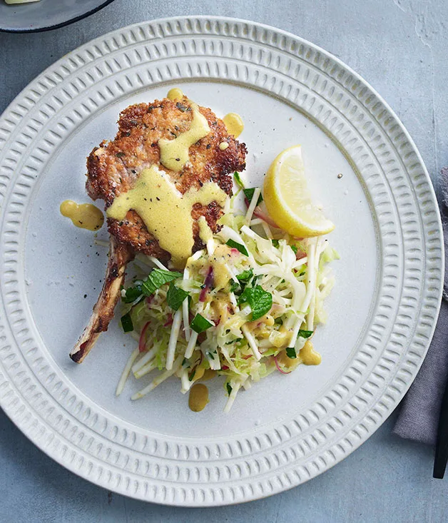 Veal cutlets with warm cabbage and celeriac slaw