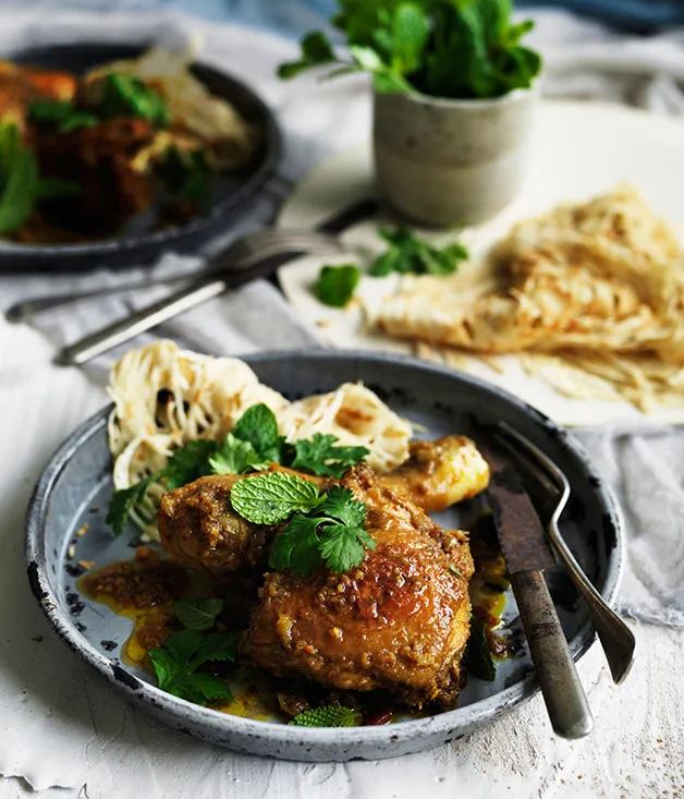 Malaysian pickled chicken with roti jala