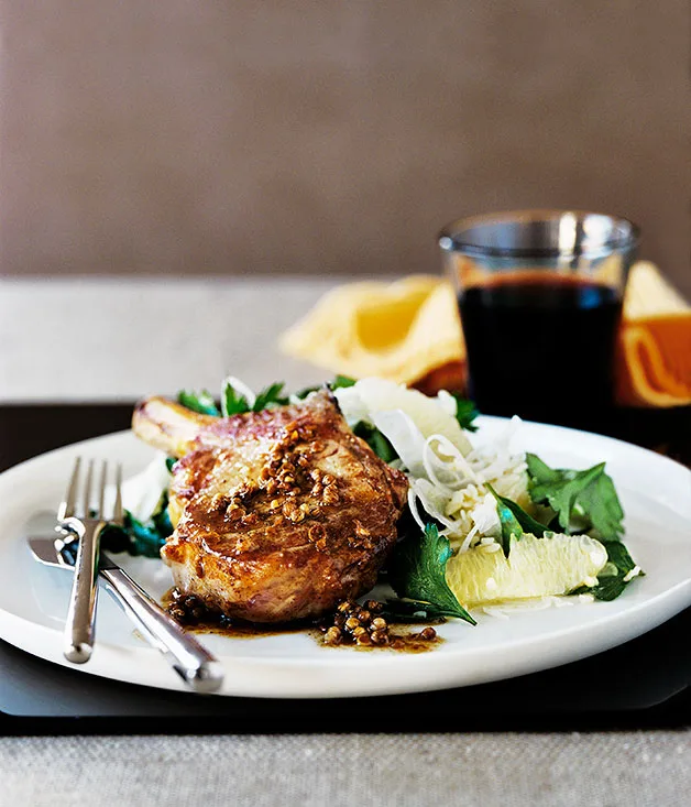 Veal cutlets with coriander and grapefruit sauce and parsley, burghul and grapefruit salad