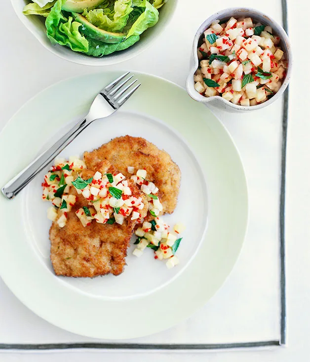 Crumbed pork steaks with pineapple, lime and chilli mojo