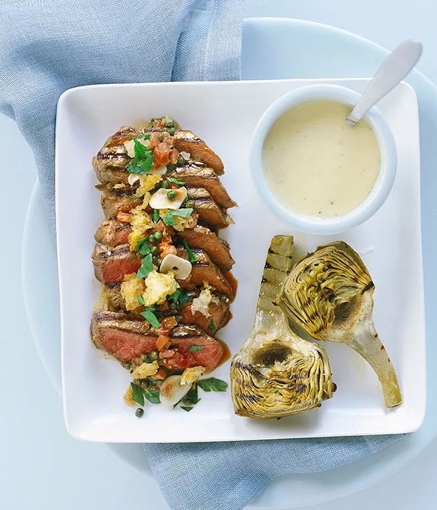 Sicilian-style steak with grilled artichokes and lemon mayonnaise
