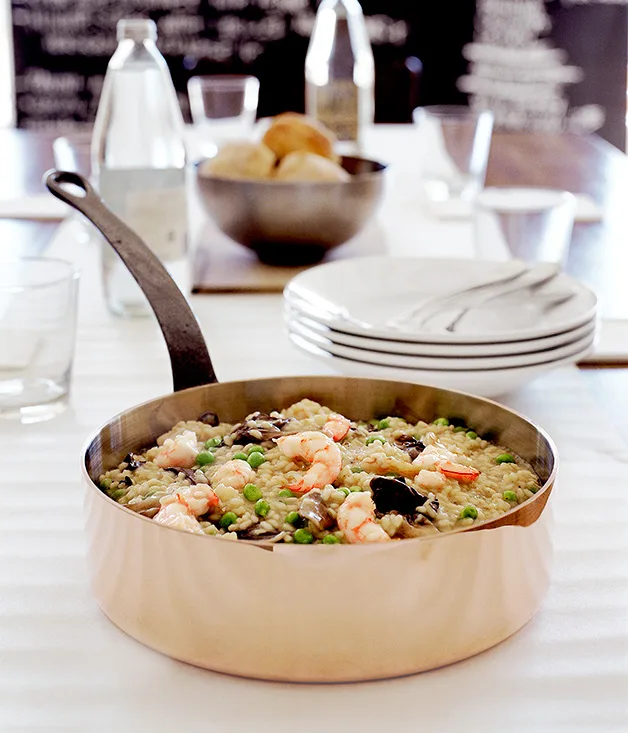 Prawn risotto with sweet spring peas and treviso radicchio