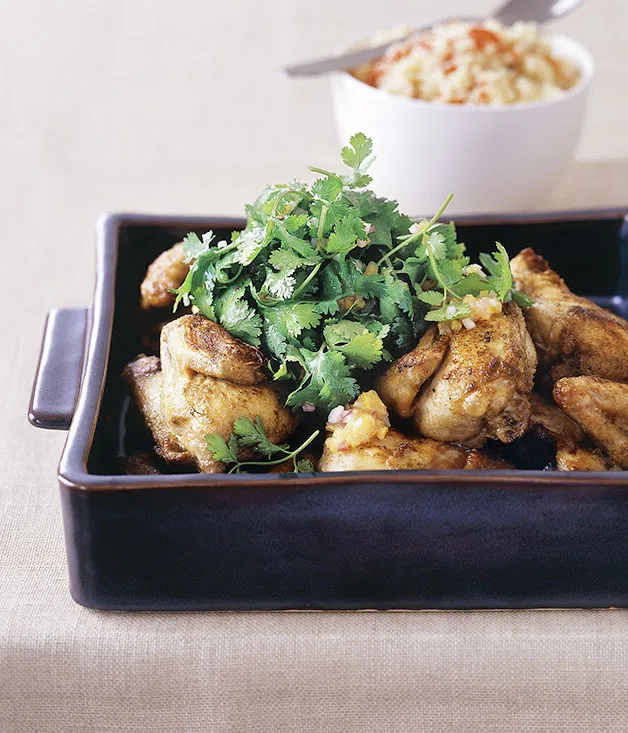 Cumin-roasted spatchcock with coriander and red onion salad