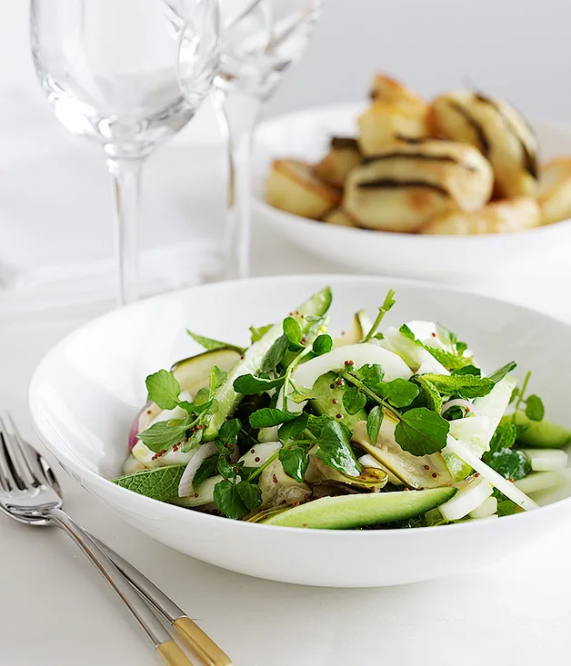 Cucumber, mint and watercress salad with mustard seed dressing (pictured with Sage-roasted potatoes)