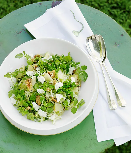 Cabbage, watercress, walnut, and chèvre salad