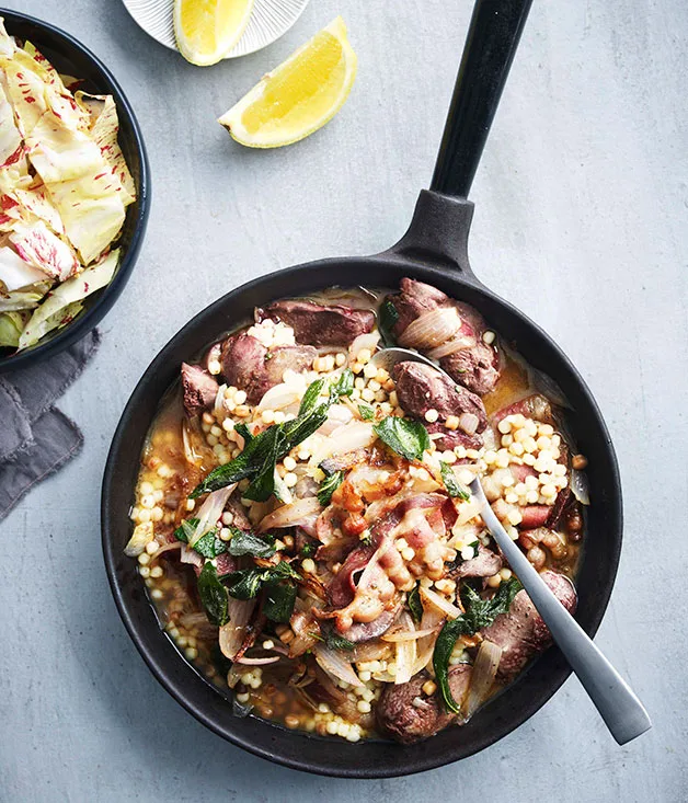 Chicken livers with lemon, pancetta and toasted fregola