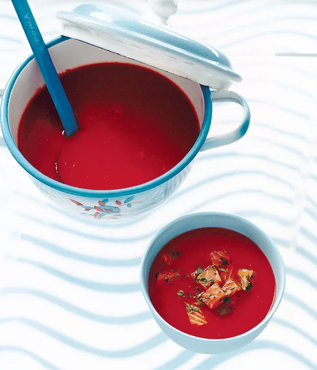 Chilled tomato and red capsicum soup with salmon