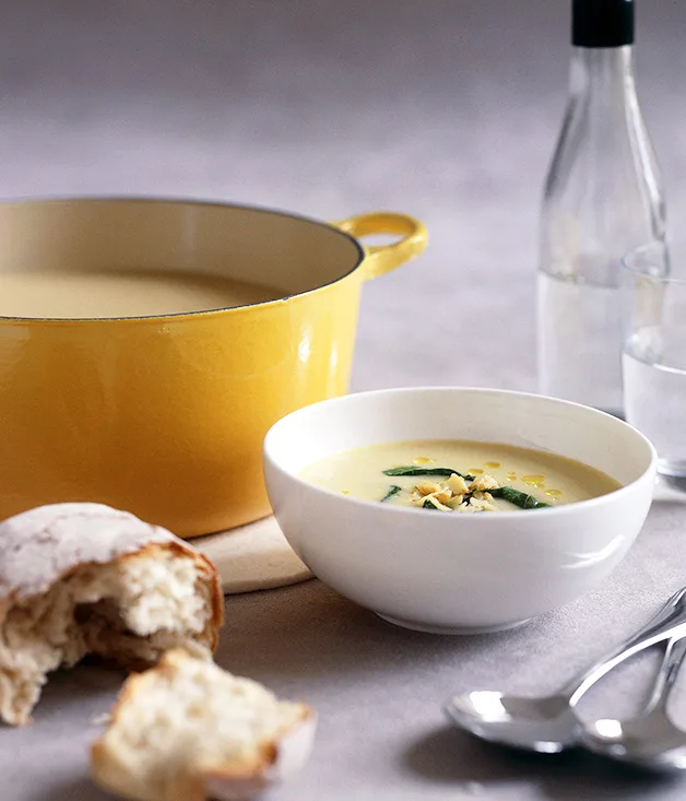 Potato soup with baby cavolo nero and lemon oil