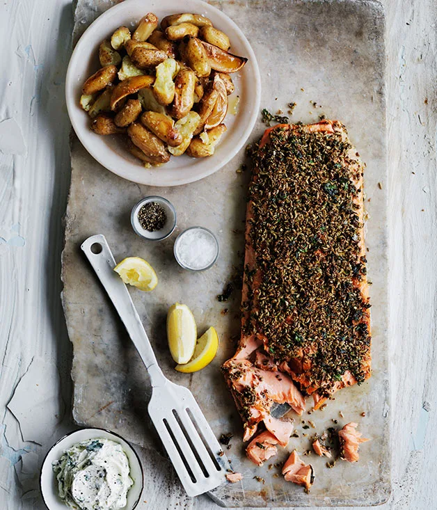 Fennel and dill-crusted ocean trout with lemon potatoes