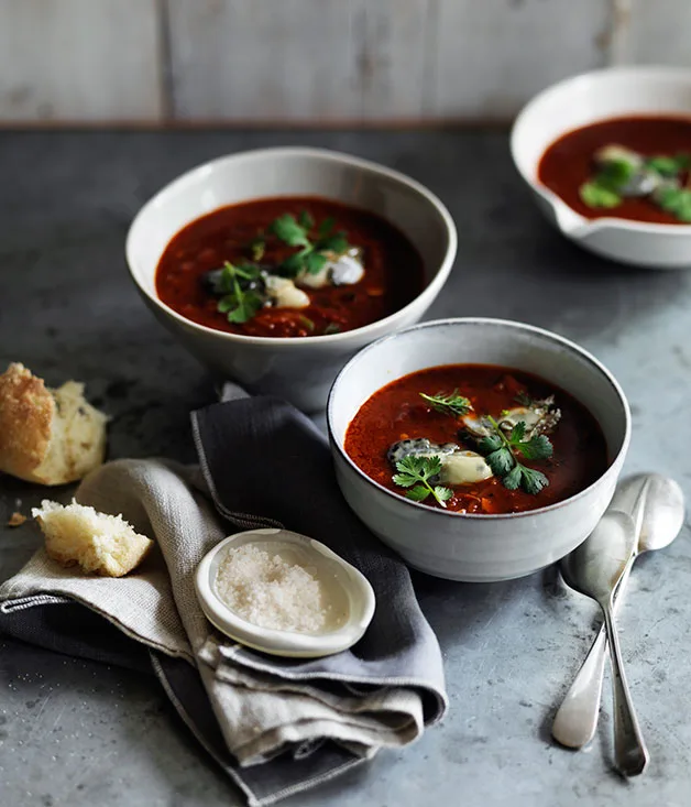 Oyster, tomato and chilli soup