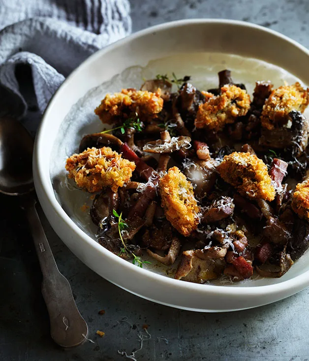 Crumbed oysters with anchovy, speck and mushrooms