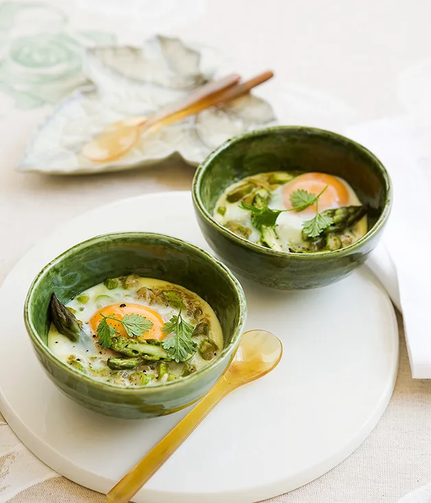 Asparagus, anchovy and eggs en cocotte