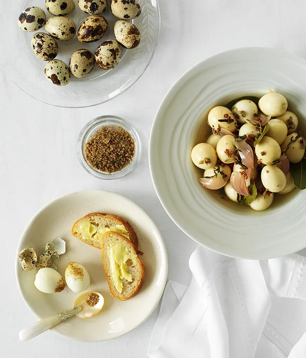 Pickled and boiled quail eggs with celery salt