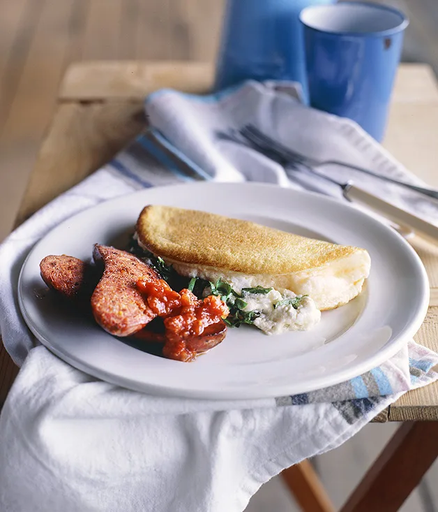 Goat's cheese souffle omelette with chorizo