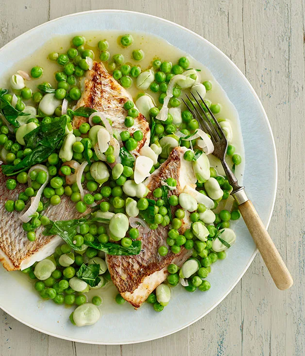 Pink snapper with braised peas and broad beans