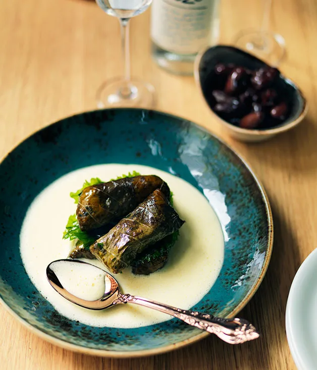 Sesame leaf dolmades, almond rice and preserved lemon avgolemono