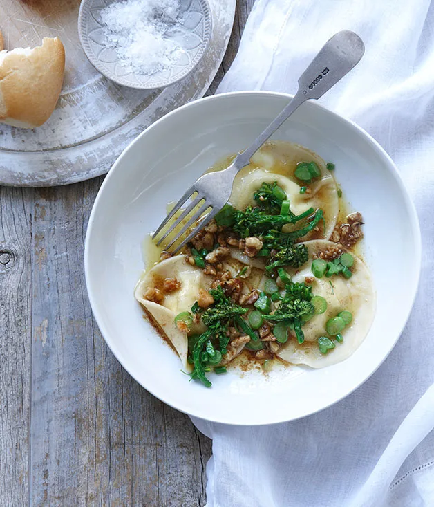 Goat’s cheese ravioli with broccolini and salsa di noci