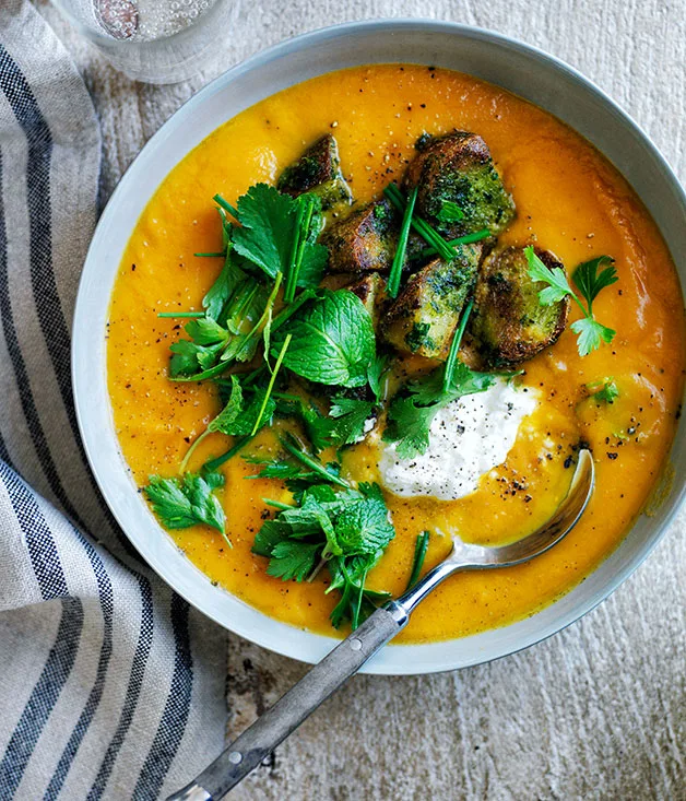 Carrot soup with herb chapons and buffalo-milk yoghurt