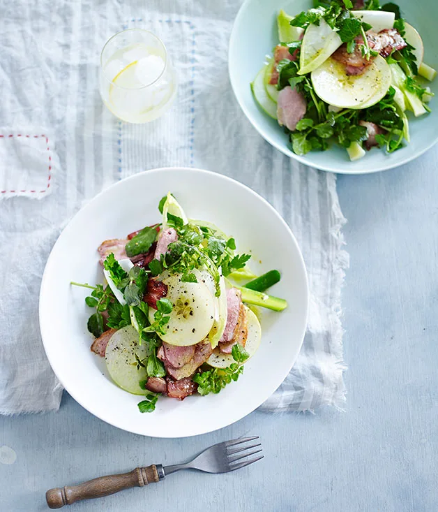 Pan-roasted duck with leek, apple and bacon salad