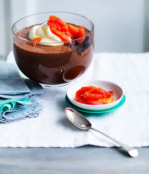 Chocolate mousse with pink grapefruit and vanilla cream