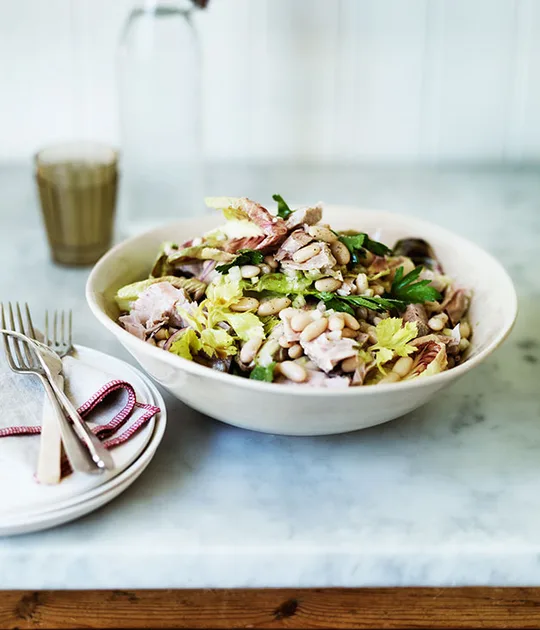 Confit tuna with white beans, celery and radicchio recipe | Gourmet Traveller