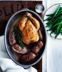 Whole roast spatchcock with chipolatas