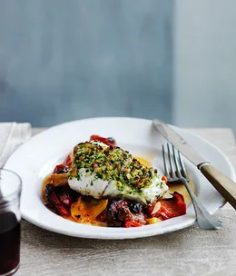 Blue-eye trevalla with a parsley crust and piperade