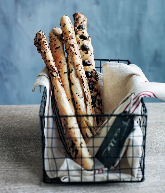 Olive and caramelised shallot ficelles recipe | Gourmet Traveller