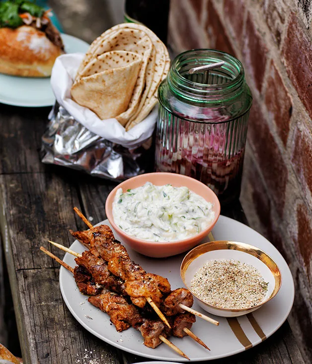 Kebabs with zucchini tzatziki and za’atar