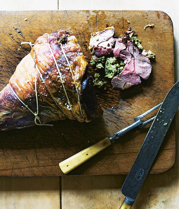 Leg of lamb with basil stuffing