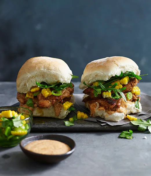 Garlic-chilli chicken rolls with corn relish and spicy mayonnaise