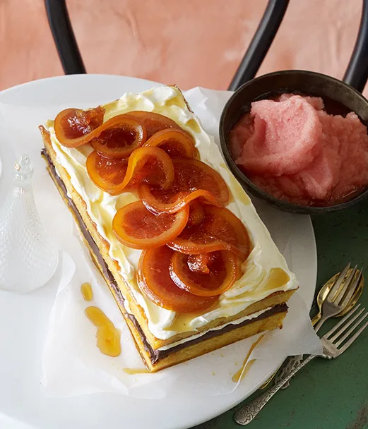 Orange and almond cake with Campari sorbet