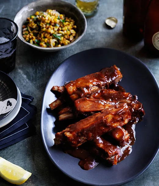 Glazed lamb ribs with corn salad