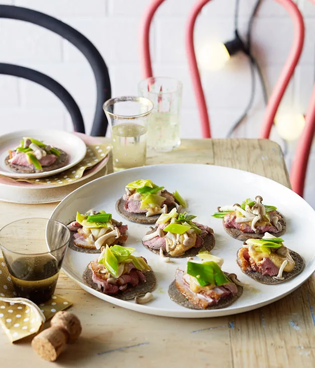 Buckwheat crêpes with duck, pickled mushrooms and leek