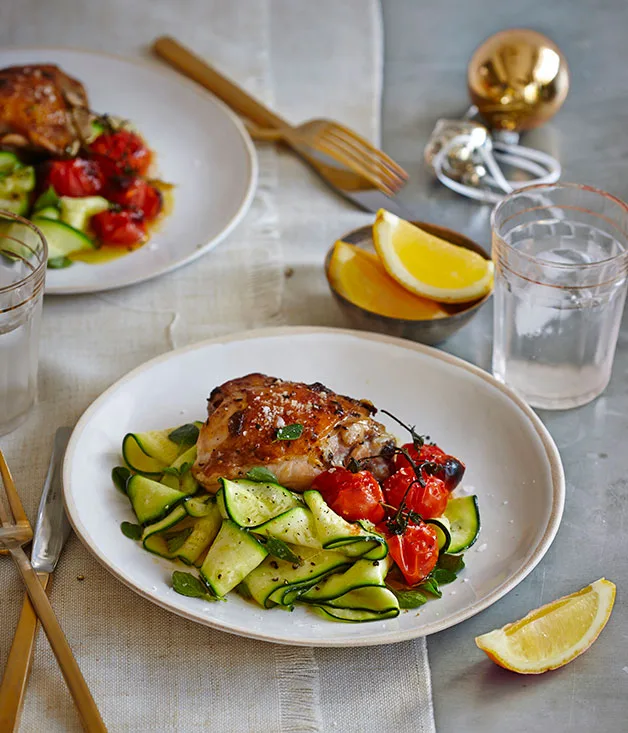 Lemon-thyme chicken with roast tomato and zucchini salad