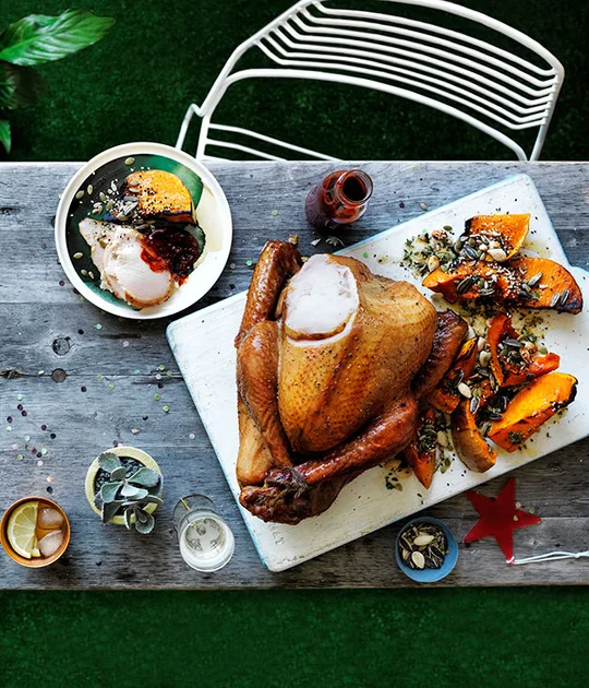 Cider-brined smoked turkey with cranberry barbecue sauce recipe | Christmas turkey recipe | Gourmet 