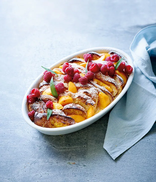 Verbena-scented bread and butter pudding, peaches, raspberries