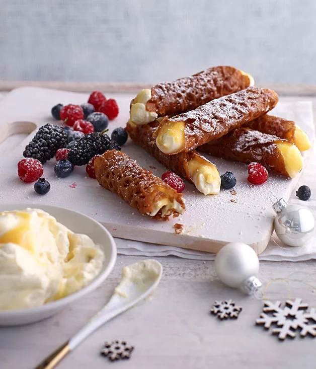 Brandy snaps with lemon cream and berries