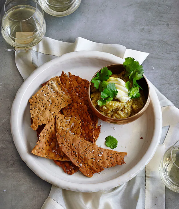 Charred eggplant dip with quick quinoa crackers